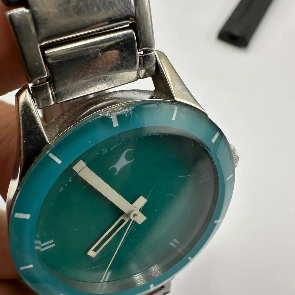 3/$30 Fastrack Watch Women Silver Tone Green Dial Stainless Steel 34MM